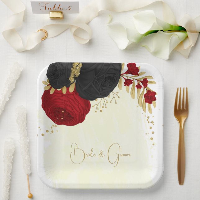  dark red & black flowers gold paper plates (Wedding)