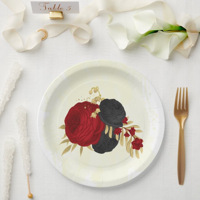  dark red & black flowers gold  paper plates (Wedding)