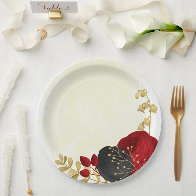  dark red & black flowers gold paper plates (Wedding)