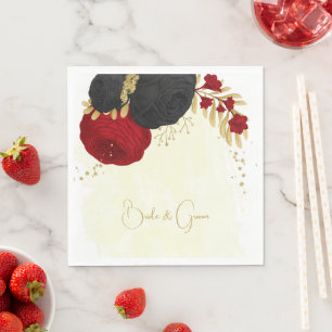 dark red & black flowers gold wedding napkins