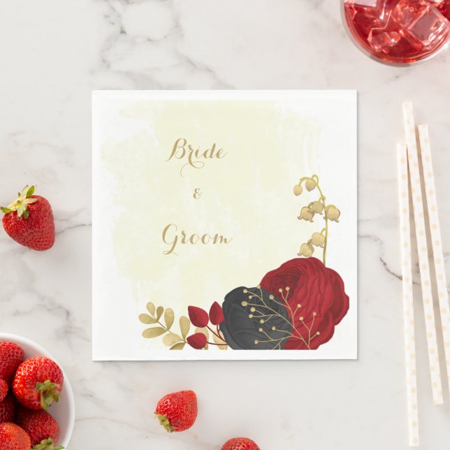 dark red & black flowers gold wedding napkins (Insitu)