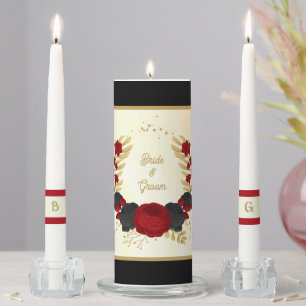dark red & black flowers gold wedding unity candle set