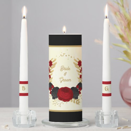  dark red  black flowers gold wedding unity candle set