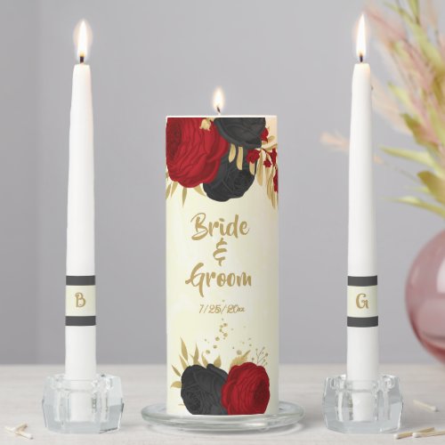  dark red  black flowers gold wedding unity candle set