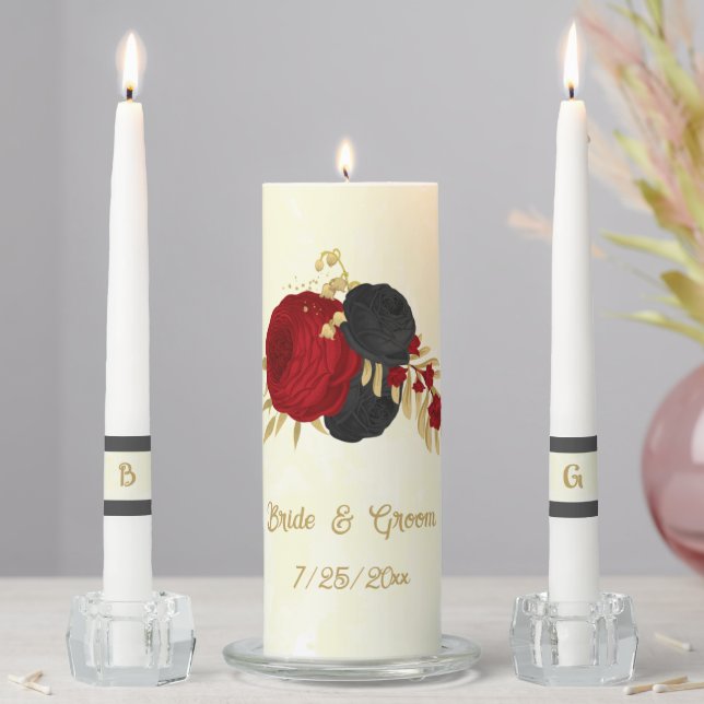  dark red & black flowers gold wedding unity candle set (In Situ)