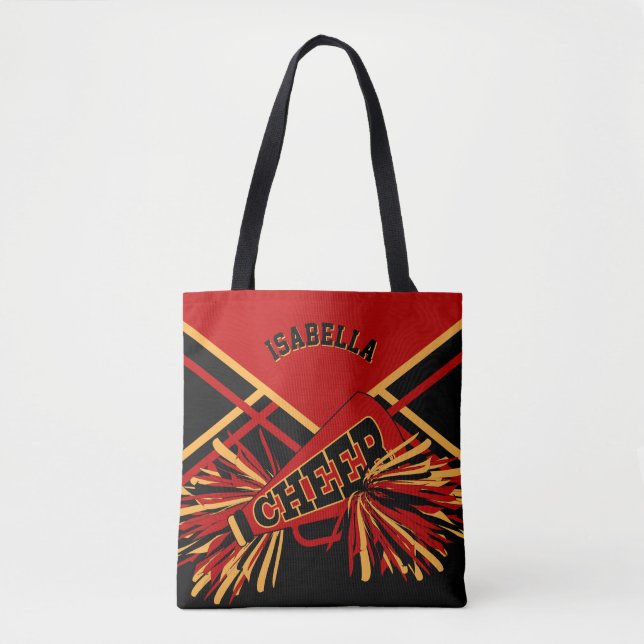 Dark Red, Black & Gold Cheerleader Design Tote Bag (Front)
