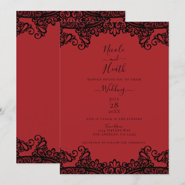 Dark Red & Black Lace Elegant Wedding    Invitation (Front/Back)