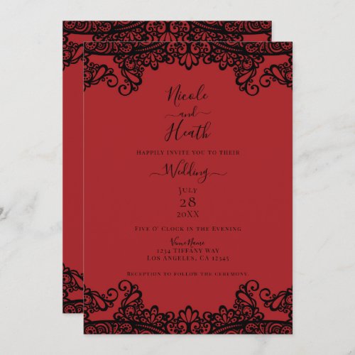 Dark Red  Black Lace Elegant Wedding    Invitation