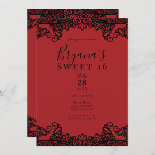 Dark Red & Black Lace Masquerade Sweet 16  Invitation