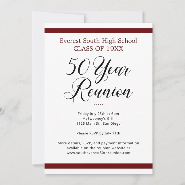 Dark Red Black Minimalist 50 Year Class Reunion Invitation (Front)
