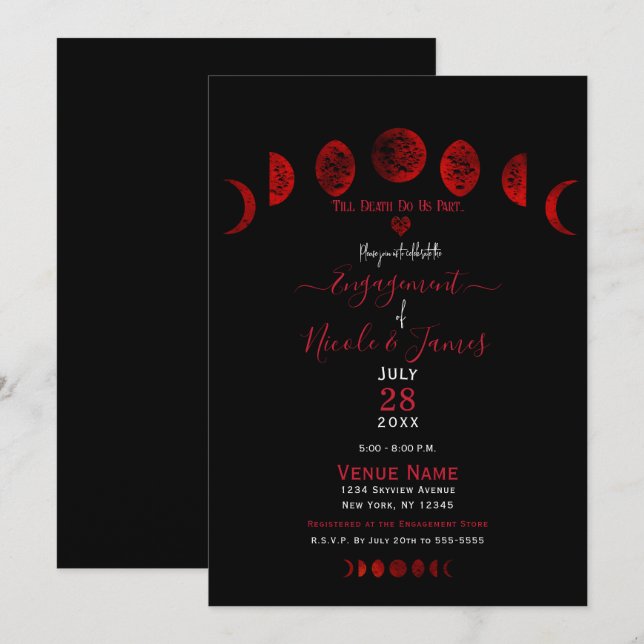 Dark Red Black Moon Phases Gothic Engagement Party Invitation (Front/Back)