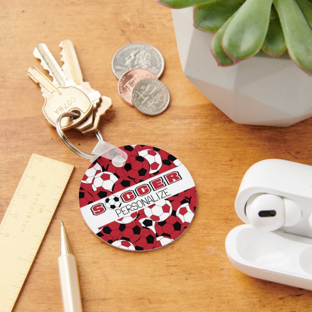Dark Red, Black & White Soccer Ball Keychain (Desk)
