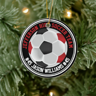 Dark Red, Black & White Soccer ⚽ Ceramic Ornament