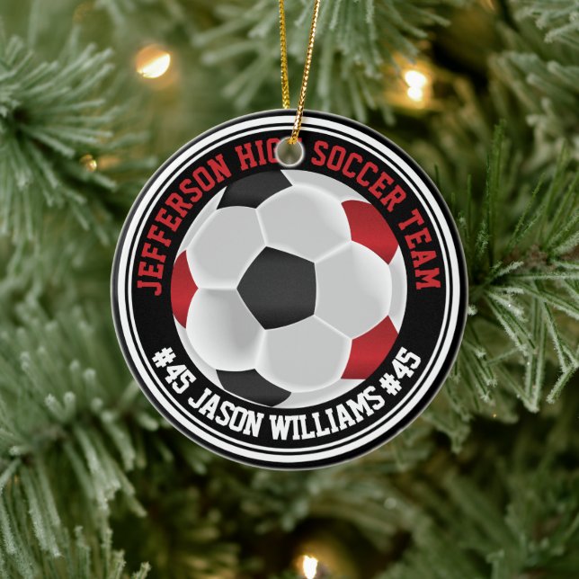 Dark Red, Black & White Soccer ⚽  Ceramic Ornament (Tree)