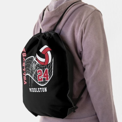 Dark Red Black  White Volleyball Drawstring Bag