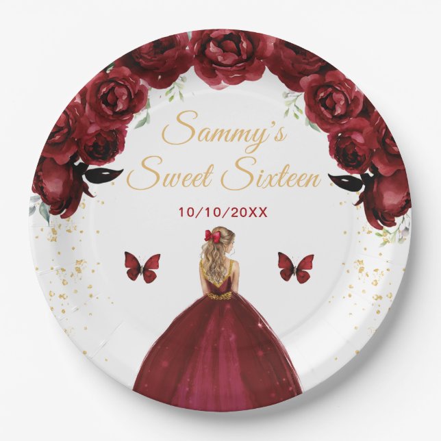 Dark Red Blonde Hair Princess Sweet Sixteen Paper Plates (Front)