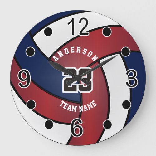 Dark Red Blue and White Volleyball Large Clock