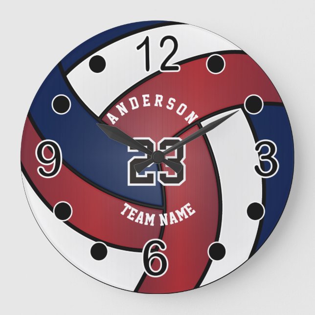 Dark Red, Blue and White Volleyball Large Clock (Front)