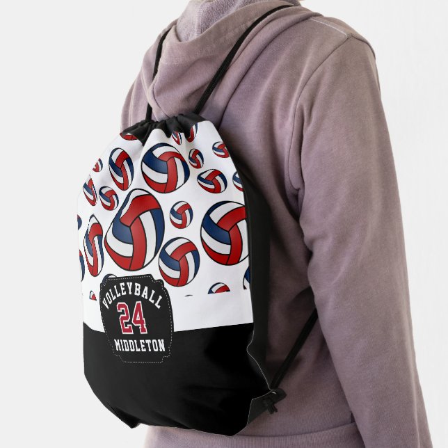 Dark Red, Blue & White Volleyball  Drawstring Bag (Insitu)