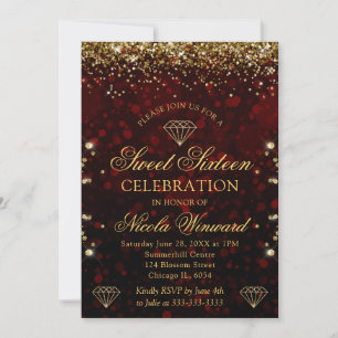 Dark Red Bokeh & Gold Glitter Sweet 16 Invitation