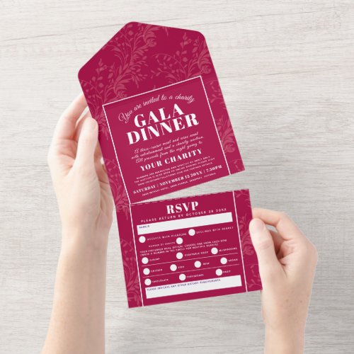 Dark red botanical pattern gala dinner event  all in one invitation