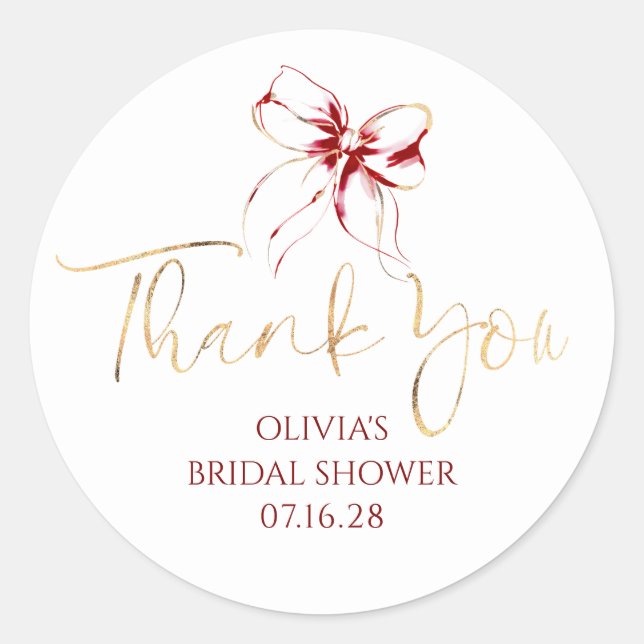 Dark Red Bow Favors Bridal Shower Thank You  Classic Round Sticker (Front)