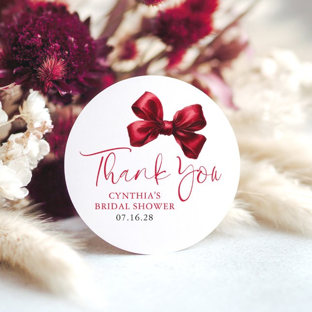 Dark Red Bow Favors Bridal Shower Thank You  Classic Round Sticker (Red Bow Thank You Stickers)