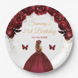 Dark Red Brown Hair Princess Birthday Party Paper Plates