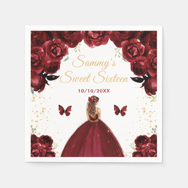 Dark Red Brown Hair Princess Sweet Sixteen Napkins (Front)