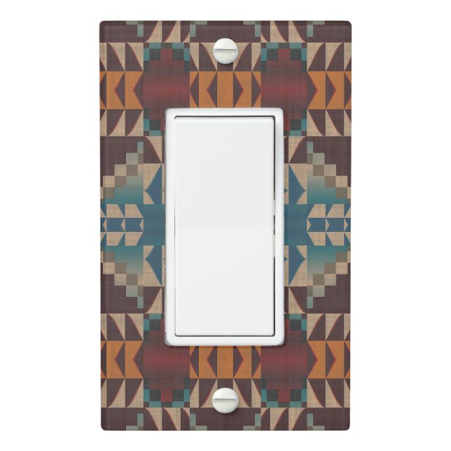Dark Red Brown Teal Blue Rust Orange Tribal Art Light Switch Cover (In Situ)