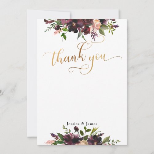 Dark Red Burgundy Floral Gold Flat Thank You Card