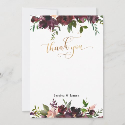 Dark Red Burgundy Floral Gold Flat Thank You Card