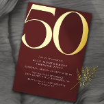 Dark Red Burgundy   Gold | Elegant 50th Birthday Foil Invitation<br><div class="desc">Modern 50th birthday invitations with a large heading "50" in real metallic foil. Your event details are printed below in matte white font. Gold on a dark red background.</div>