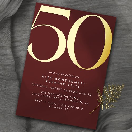 Dark Red Burgundy  Gold  Elegant 50th Birthday Foil Invitation