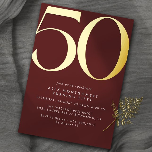 Dark Red Burgundy + Gold | Elegant 50th Birthday Foil Invitation (Creator Uploaded)