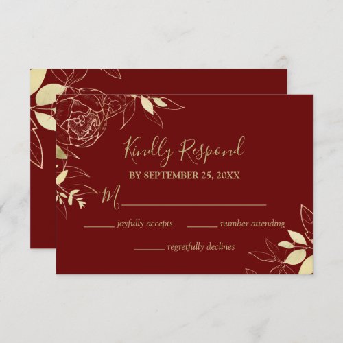 Dark Red Burgundy  Gold Peony Floral Wedding RSVP Card