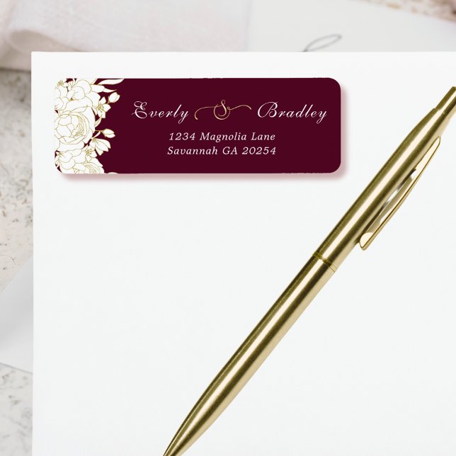 Dark Red Burgundy Gold White Floral Bold Elegant  Label (Creator Uploaded)