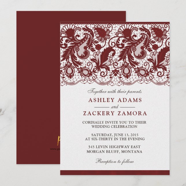 Dark Red Burgundy Lace Elegant Wedding Invitation (Front/Back)
