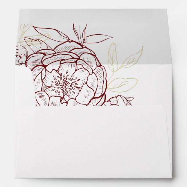 Dark Red Burgundy Peony & Gold Wedding Invitation Envelope (Back (Bottom))