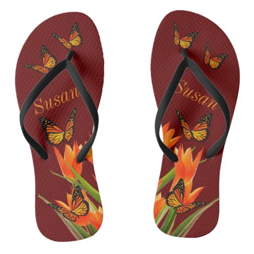 Dark Red Butterflies Pair of Flip Flops