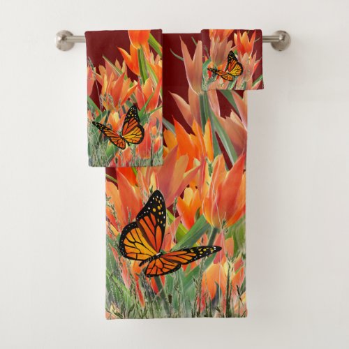 Dark Red Butterflies  Tulips Bath Towel Set