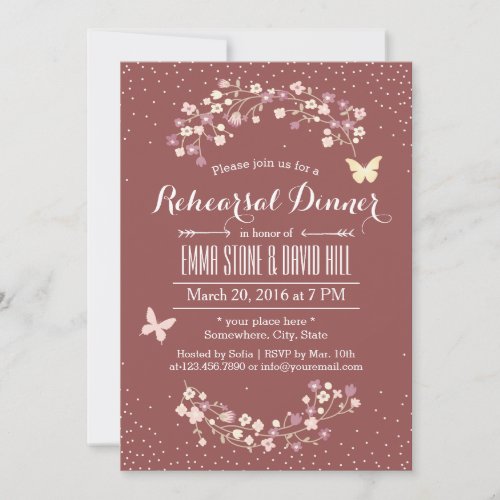 Dark Red Butterfly &amp; Flowers Rehearsal Dinner 5x7 Paper Invitation Card