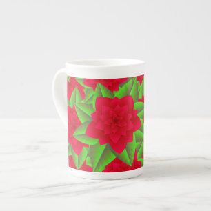 Dark Red Camellias and Green Leaves Bone China Mug
