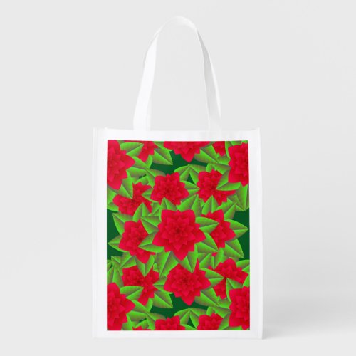 Dark Red Camellias and Green Leaves Reusable Grocery Bag