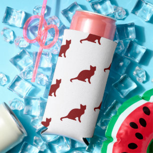 Dark red cat pattern on white seltzer can cooler