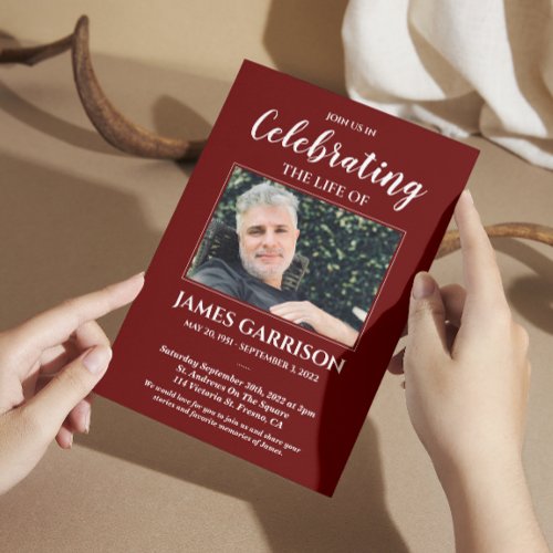 Dark Red Celebration of Life Photo Memorial Invitation