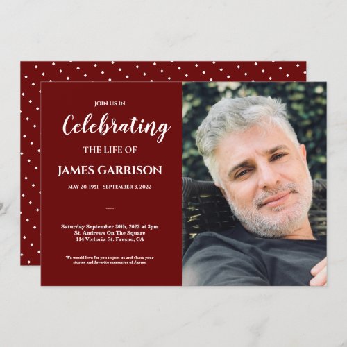 Dark Red Celebration of Life With Photo Funeral Invitation