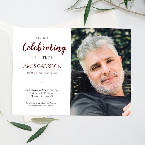 Dark Red Celebration of Life With Photo Funeral Invitation