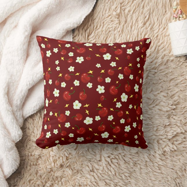 Dark Red Cherry Pattern  Throw Pillow (Blanket)