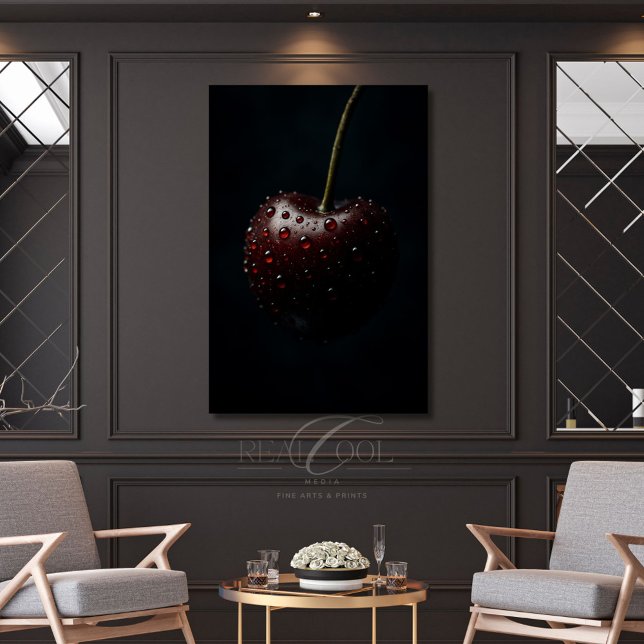 Dark Red Cherry with Dew Drops on Black Poster (Creator Uploaded)